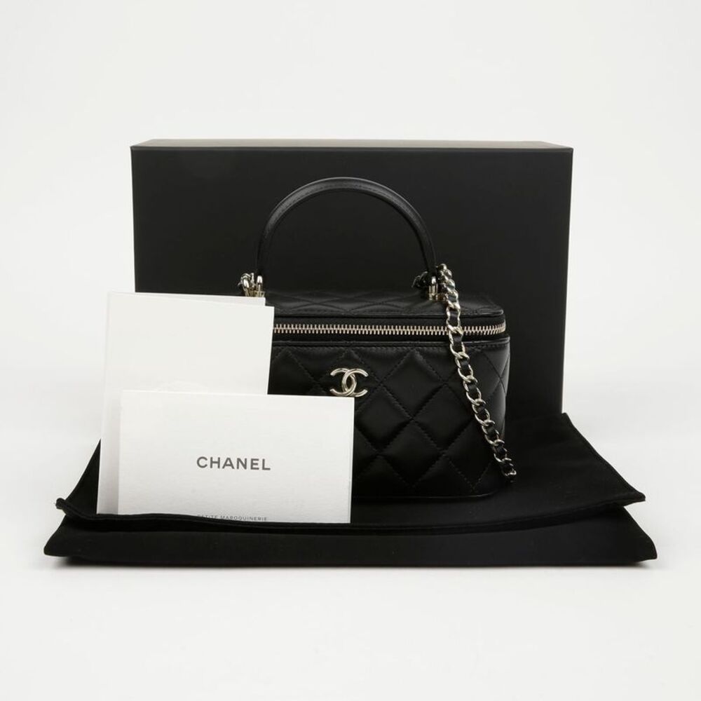 Lambskin Cosmetic Top Handle Vanity Chain Handle Shoulder Bag Black Gold
